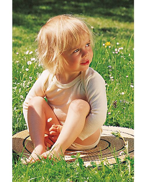 Engel Natur Body Manica Lunga - Ecru - Lana Vergine e Seta - Certificato GOTS - con Automatici Body Manica Lunga