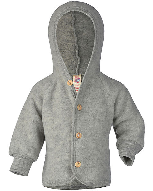 Engel Natur Giacca con Cappuccio e Bottoni in Legno - Grigio Mélange - 100% Lana Vergine - Certificato GOTS Giacche