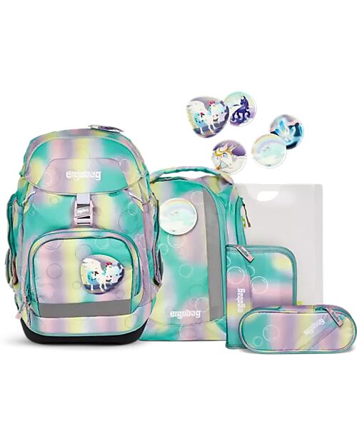 ergobag Set Scuola con Zaino Maxi 24 Litri + Zainetto Sportivo + Astuccio Rigido + Astuccio Morbido + Porta Quaderni A4 + 4 Kletties - Magic BubbleBear Zaini Scuola