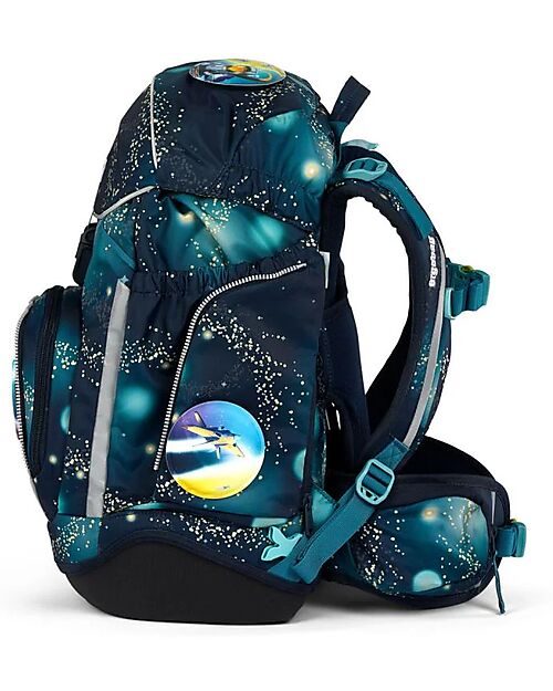 ergobag Set Scuola con Zaino Maxi 24 Litri + Zainetto Sportivo + Astuccio Rigido + Astuccio Morbido + Porta Quaderni A4 + 4 Kletties - Space Bear Galaxy Glow Edition Zaini Scuola