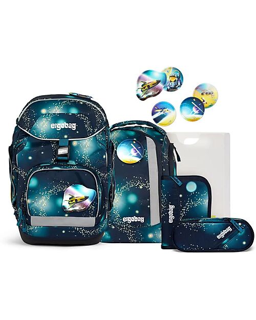 ergobag Set Scuola con Zaino Maxi 24 Litri + Zainetto Sportivo + Astuccio Rigido + Astuccio Morbido + Porta Quaderni A4 + 4 Kletties - Space Bear Galaxy Glow Edition Zaini Scuola