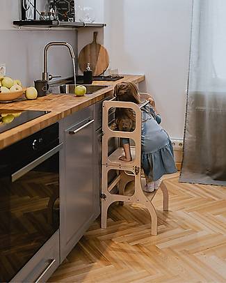 Ette Tete OUTLET - Torre Montessoriana Convertibile Step'n'Sit, Legno Naturale con Cinghie Oro - Pezzo di Showroom Torri Montessoriane_