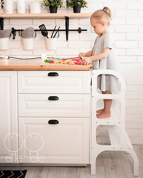 Ette Tete Torre Montessoriana Convertibile Step'n'Sit, Bianco con Cinghie Ottone Torri Montessoriane_