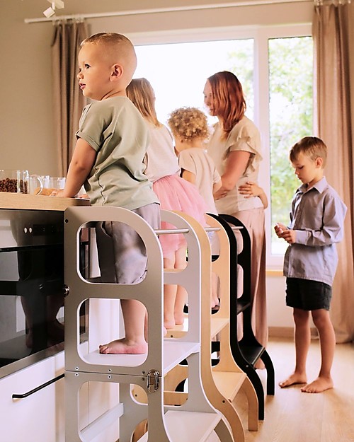 Ette Tete Torre Montessoriana Convertibile Step'n'Sit, Grigio Chiaro con Cinghie Ottone Torri Montessoriane_