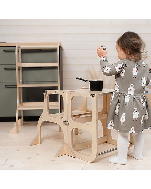 Ette Tete Torre Montessoriana Convertibile Step'n'Sit - Legno - Naturale con Cinghie Argento - Supporto Extra Torri Montessoriane_