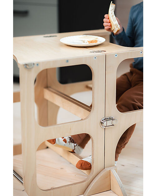 Ette Tete Torre Montessoriana Convertibile Step'n'Sit - Legno - Naturale con Cinghie Argento - Supporto Extra Torri Montessoriane_