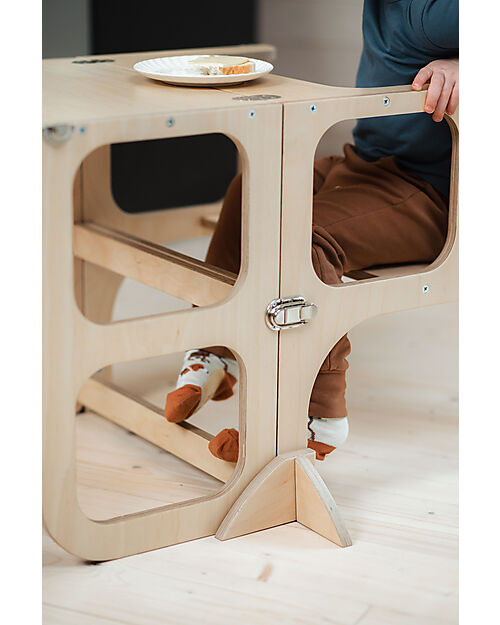Ette Tete Torre Montessoriana Convertibile Step'n'Sit - Legno - Naturale con Cinghie Argento - Supporto Extra Torri Montessoriane_