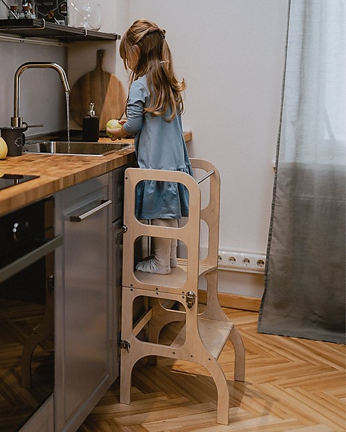 Ette Tete Torre Montessoriana Convertibile Step'n'Sit, Legno Naturale con Cinghie Argento Torri Montessoriane_