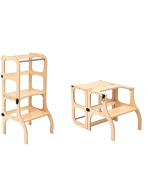 Ette Tete Torre Montessoriana Convertibile Step'n'Sit, Legno Naturale con Cinghie Argento Torri Montessoriane_