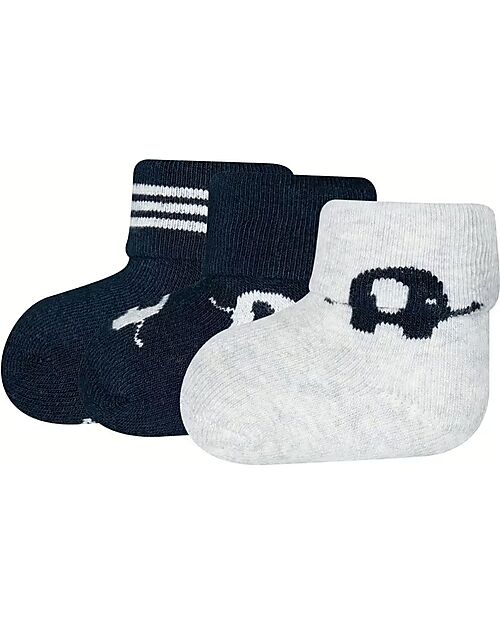 Ewers Set 3 Calzini Baby Elefante - Nero/Bianco - Cotone Bio GOTS Calzini