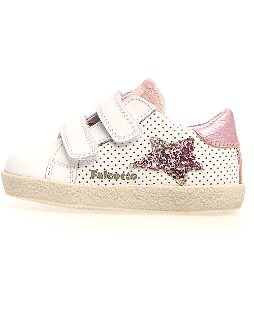 Falcotto Sneakers Alnoite - Pelle Traforata - Bianco e Rosa - Patch con Glitter Sneakers