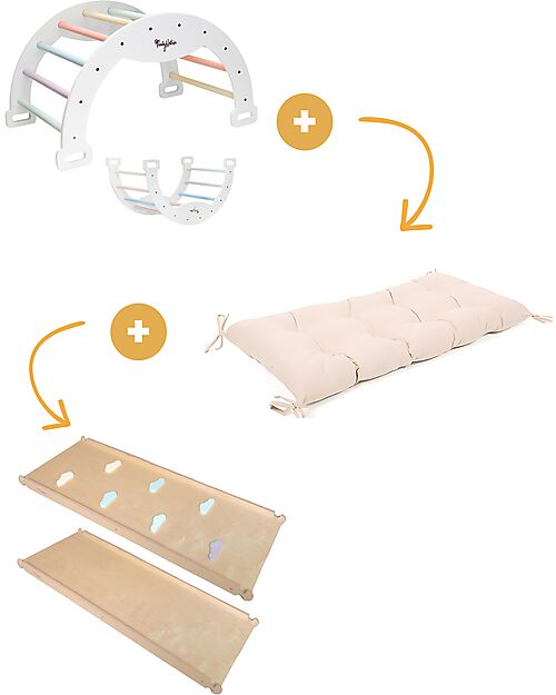 Family Nation Arco Montessori Rainbow - Cotton Candy + Cuscino + Scivolo/Rampa Rainbow 2 in 1 - Sviluppa Equilibrio e Agilità Giochi Montessoriani