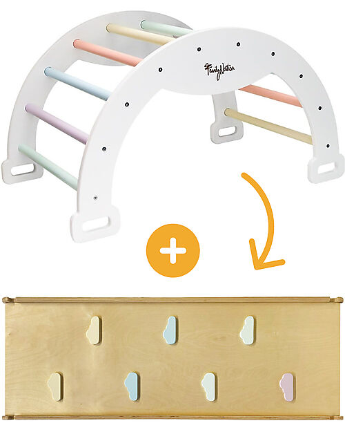 Family Nation Arco Montessori Rainbow - Cotton Candy + Scivolo/Rampa Rainbow 2 in 1 - Sviluppa Equilibrio e Agilità Giochi Montessoriani