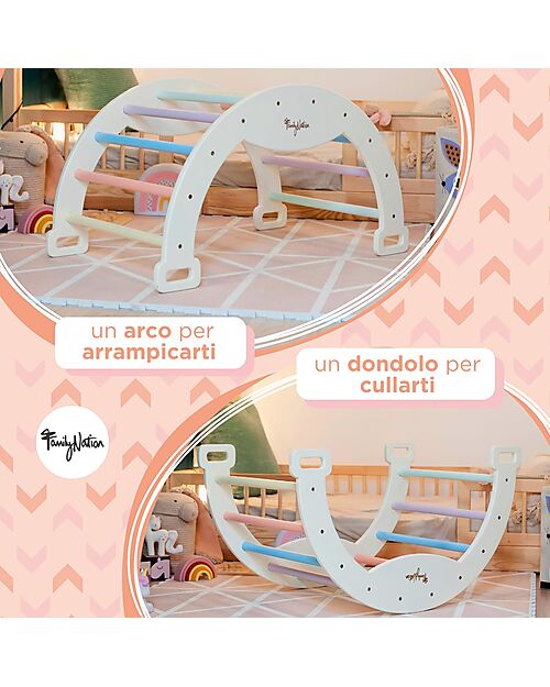 Family Nation Arco Montessori Rainbow - Cotton Candy + Scivolo/Rampa Rainbow 2 in 1 - Sviluppa Equilibrio e Agilità Giochi Montessoriani
