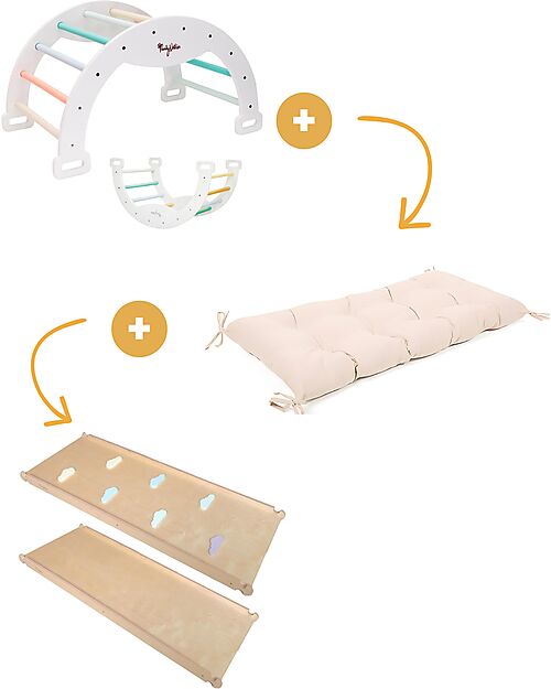 Family Nation Arco Montessori Rainbow - Sunny Beach + Cuscino + Scivolo/Rampa Rainbow 2 in 1 - Sviluppa Equilibrio e Agilità Giochi Montessoriani