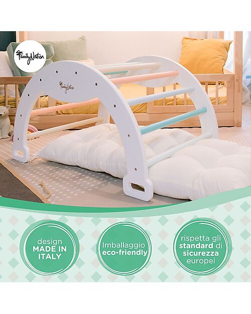Family Nation Arco Montessori Rainbow - Sunny Beach + Cuscino + Scivolo/Rampa Rainbow 2 in 1 - Sviluppa Equilibrio e Agilità Giochi Montessoriani