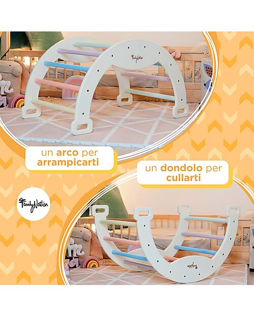 Family Nation Arco Montessori Rainbow - Sunny Beach + Scivolo/Rampa Rainbow 2 in 1 - Sviluppa Equilibrio e Agilità Giochi Montessoriani