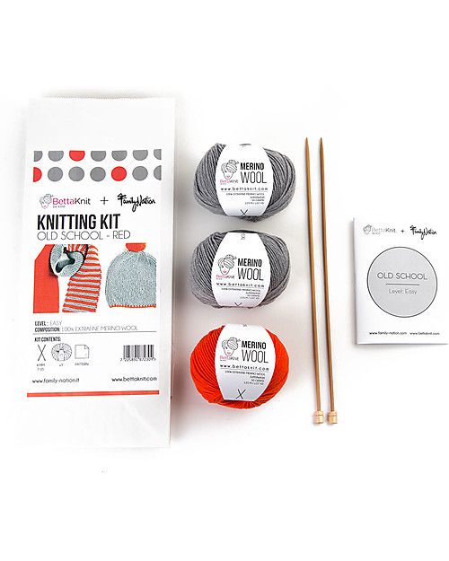 Family Nation + BettaKnit Kit Maglia Fai da Te Sciarpa e Cappello Old School Rosso - 100% Lana Merino Sciarpe