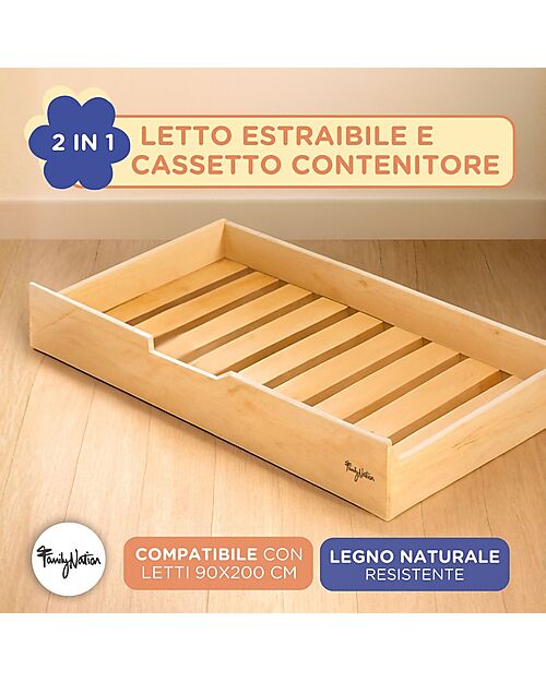 Family Nation Cassettone/Letto Estraibile Montessori Evi per Letti 200 x 90 cm - Doghe incluse Letti Montessoriani