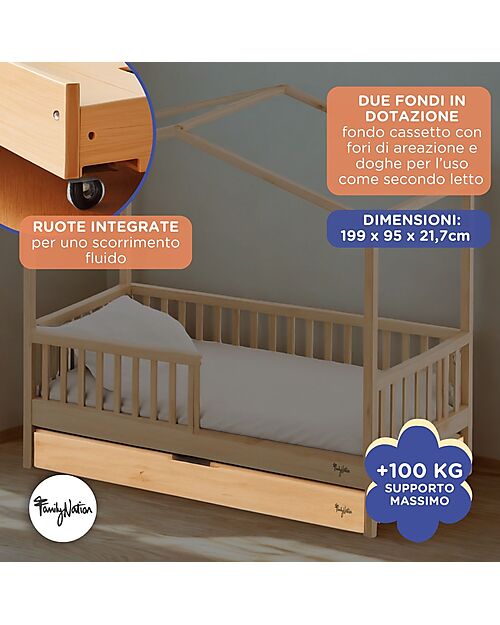 Family Nation Cassettone/Letto Estraibile Montessori Evi per Letti 200 x 90 cm - Doghe incluse Letti Montessoriani