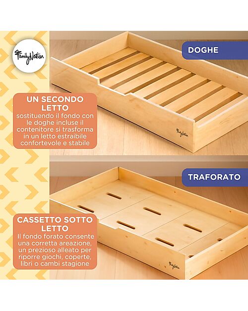 Family Nation Cassettone/Letto Estraibile Montessori Evi per Letti 200 x 90 cm - Doghe incluse Letti Montessoriani