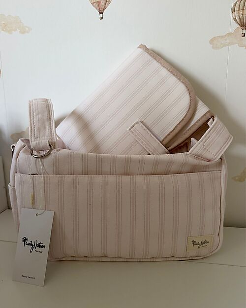 Family Nation Fasciatoio da Viaggio + Borsa Organizer Passeggino - Righe - Beige - Impermeabile e Pieghevole Fasciatoi da Viaggio