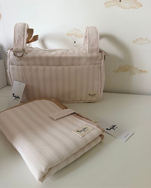 Family Nation Fasciatoio da Viaggio + Borsa Organizer Passeggino - Righe - Beige - Impermeabile e Pieghevole Fasciatoi da Viaggio