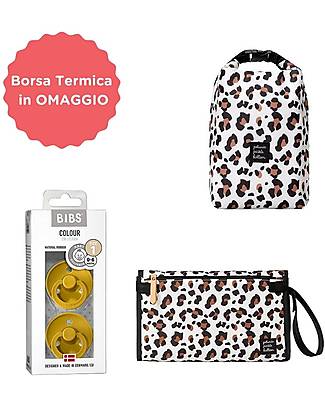 Family Nation Kit A Spasso Leopard - Pochette Cambio Pannolino + Set Ciucci Bibs + Borsa Termica in Omaggio Trousse e Pochette