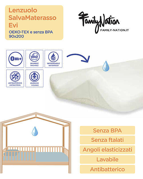 Family Nation Lenzuolo SalvaMaterasso Evi - 90x200 cm - 0m+ - OEKO-TEX e senza BPA Lenzuola e Federe