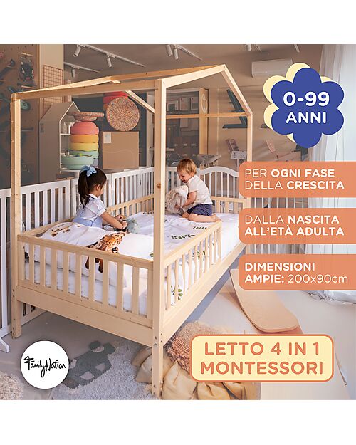 Family Nation Letto Montessori Evolutivo Evi 4 in 1 - 200x90 cm - Tutto incluso - dalla Nascita a 99 anni Letti Montessoriani
