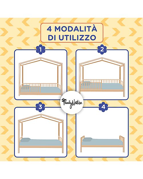 Family Nation Letto Montessori Evolutivo Evi 4 in 1 - 200x90 cm - Tutto incluso - dalla Nascita a 99 anni Letti Montessoriani