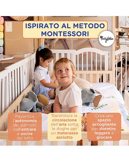 Family Nation Letto Montessori Evolutivo Evi 4 in 1 - 200x90 cm - Tutto incluso - dalla Nascita a 99 anni Letti Montessoriani