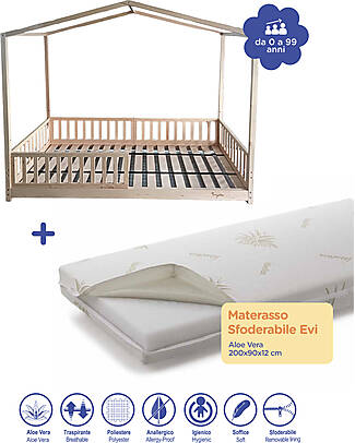 Family Nation Letto Montessori Evolutivo Evi 4 in 1 - Tutto incluso 200x90 + Materasso Sfoderabile Evi - Aloe Vera - 200x90x12 cm Letti Montessoriani