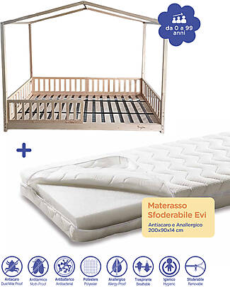 Family Nation Letto Montessori Evolutivo Evi 4 in 1 - Tutto incluso 200x90cm + Materasso Sfoderabile Evi - Antiacaro e Anallergico - 200x90x14cm Letti Montessoriani