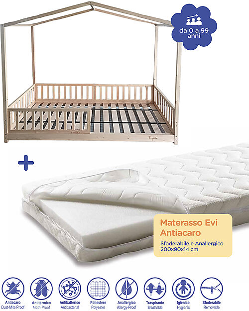 Family Nation Letto Montessori Evolutivo Evi 4 in 1 - Tutto incluso 200x90cm + Materasso Sfoderabile Evi - Antiacaro e Anallergico - 200x90x14cm Letti Montessoriani