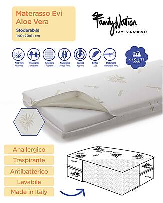 Family Nation Materasso Evi 11 cm 140x70 - Aloe Vera - Sfoderabile - per Letto Montessori Evolutivo Evi 4 in 1 Letti Montessoriani