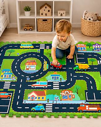 Family Nation Montessori Puzzle Play Mat - City - 12 Pieces - Soft and Safe from Birth – 117,5x88,5 cm – From Birth Puzzle Mats