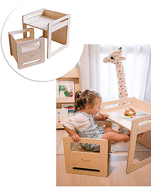 Family Nation OUTLET - Set Tavolo+Sedia Montessori Evolutivi - Natural - Legno di Betulla - Cresce Con Il Tuo Bambino Tavoli