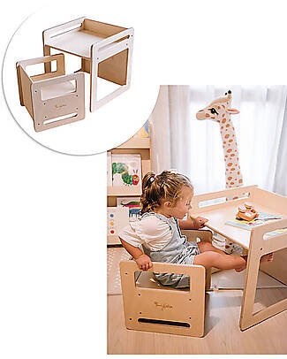 Family Nation OUTLET - Set Tavolo+Sedia Montessori Evolutivi - Natural - Legno di Betulla - Cresce Con Il Tuo Bambino Tavoli