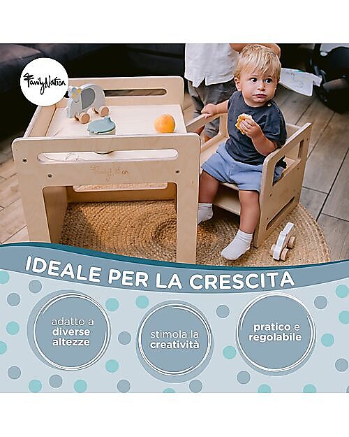 Family Nation OUTLET - Set Tavolo+Sedia Montessori Evolutivi - Natural - Legno di Betulla - Cresce Con Il Tuo Bambino Tavoli