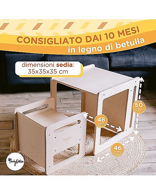 Family Nation OUTLET - Set Tavolo+Sedia Montessori Evolutivi - Natural - Legno di Betulla - Cresce Con Il Tuo Bambino Tavoli