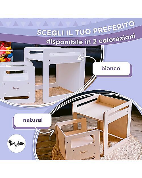 Family Nation OUTLET - Set Tavolo+Sedia Montessori Evolutivi - Natural - Legno di Betulla - Cresce Con Il Tuo Bambino Tavoli