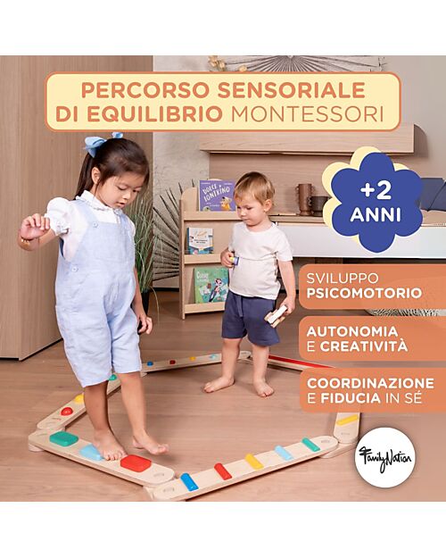 Family Nation Percorso Sensoriale di Equilibrio Montessori - Sviluppo Psicomotorio - 2+ anni - in Legno Giochi Montessoriani