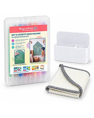 Family Nation Set 12 Gessetti Senza Polvere con Panno e Porta-Gessetti Magnetica MagneKids™ - Gessi Lavabili e non Tossici Giochi Magnetici