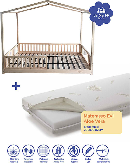 Family Nation Set 2: Letto Montessori Evolutivo Evi 140x70cm + Materasso 11 cm Aloe Vera Letti Montessoriani