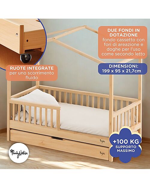 Family Nation Set 2: Letto Montessori Evolutivo Evi 200x90cm + Letto/Cassetto Letti Montessoriani