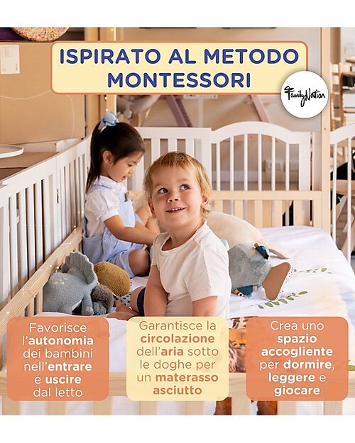 Family Nation Set 2: Letto Montessori Evolutivo Evi 200x90cm + Materasso 12 cm Aloe Vera Letti Montessoriani
