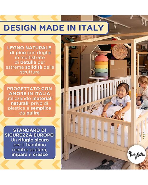 Family Nation Set 2: Letto Montessori Evolutivo Evi 200x90cm + Materasso 12 cm Aloe Vera Letti Montessoriani