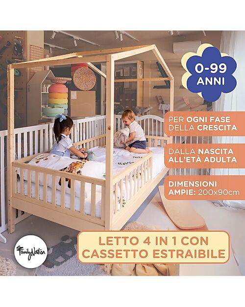 Family Nation Set 2: Letto Montessori Evolutivo Evi 200x90cm + Materasso 14 cm Antiacaro Letti Montessoriani