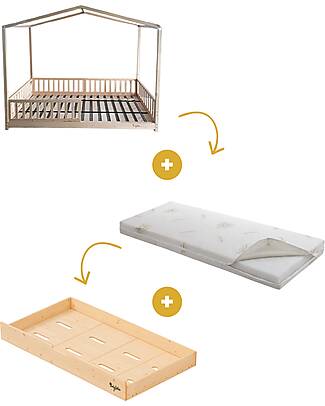 Family Nation Set 3: Letto Montessori Evolutivo Evi 140x70cm + Cassetto + Materasso 11 cm Aloe Vera Letti Montessoriani